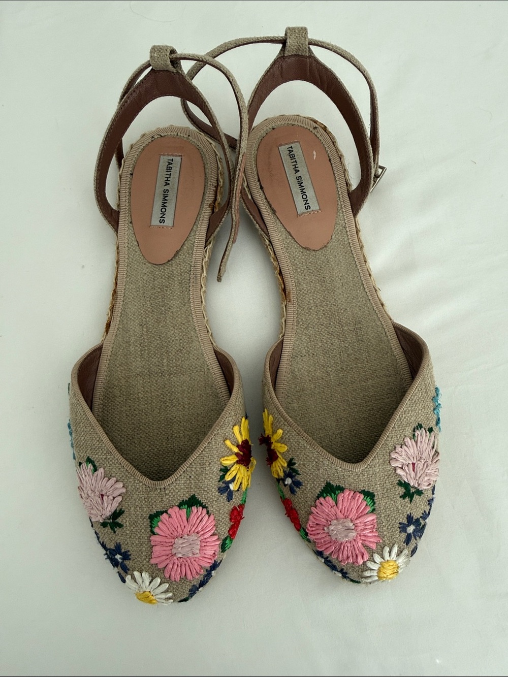 Tabitha Simmons Beige Embroidered Floral Slingback Flats